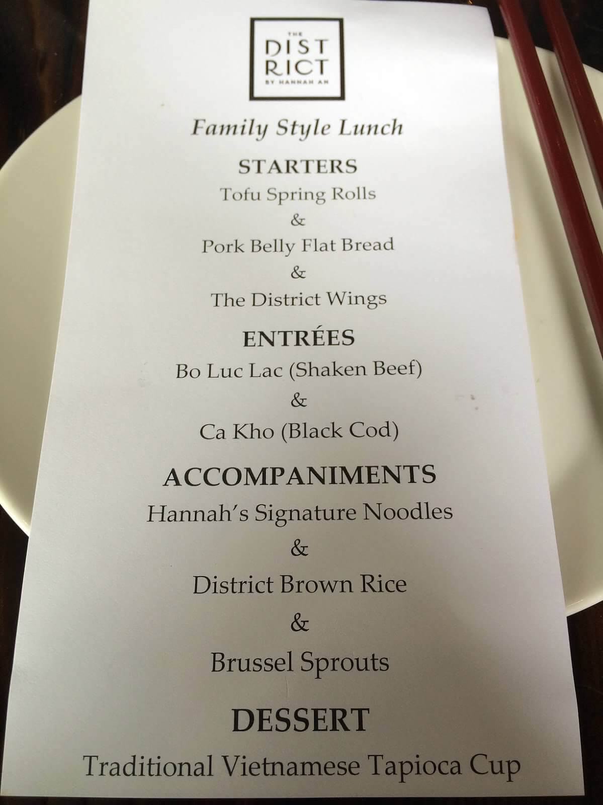 Our family-style menu. Every item was a winner!