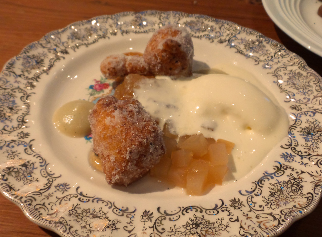 Ricotta Fritters--Sliced Pear Rum Compote, Creme Fraiche Ice Cream. 