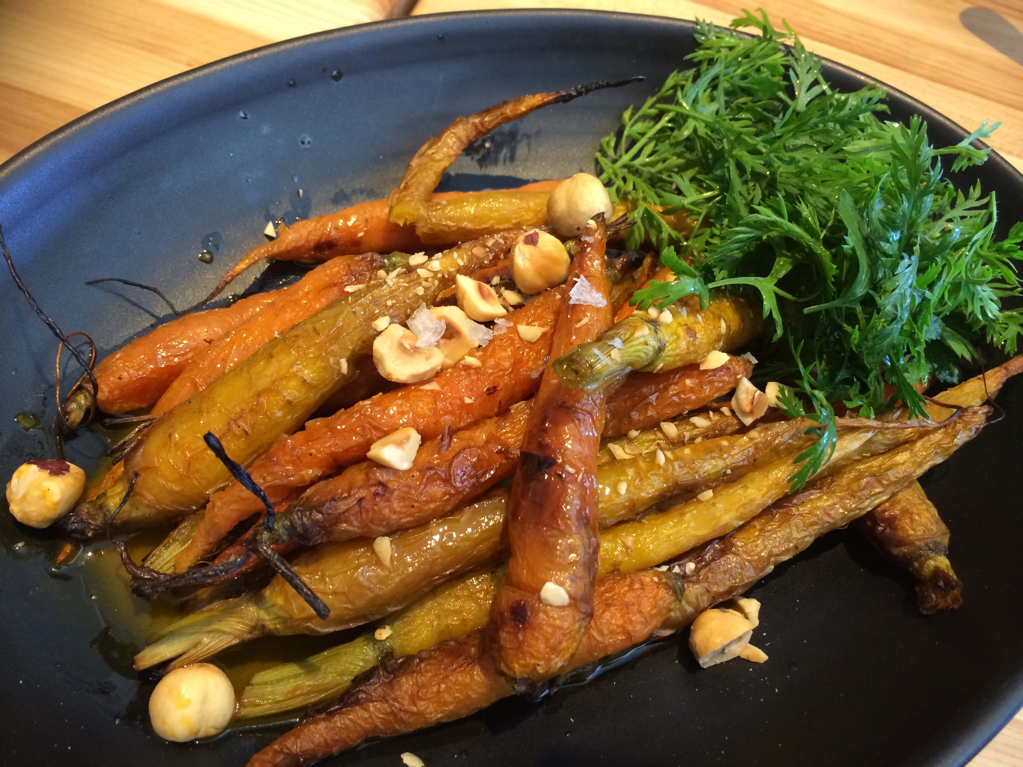 Roasted Carrots, Chamomile Carrot Jus, Carrot Top Salad, Hazelnuts