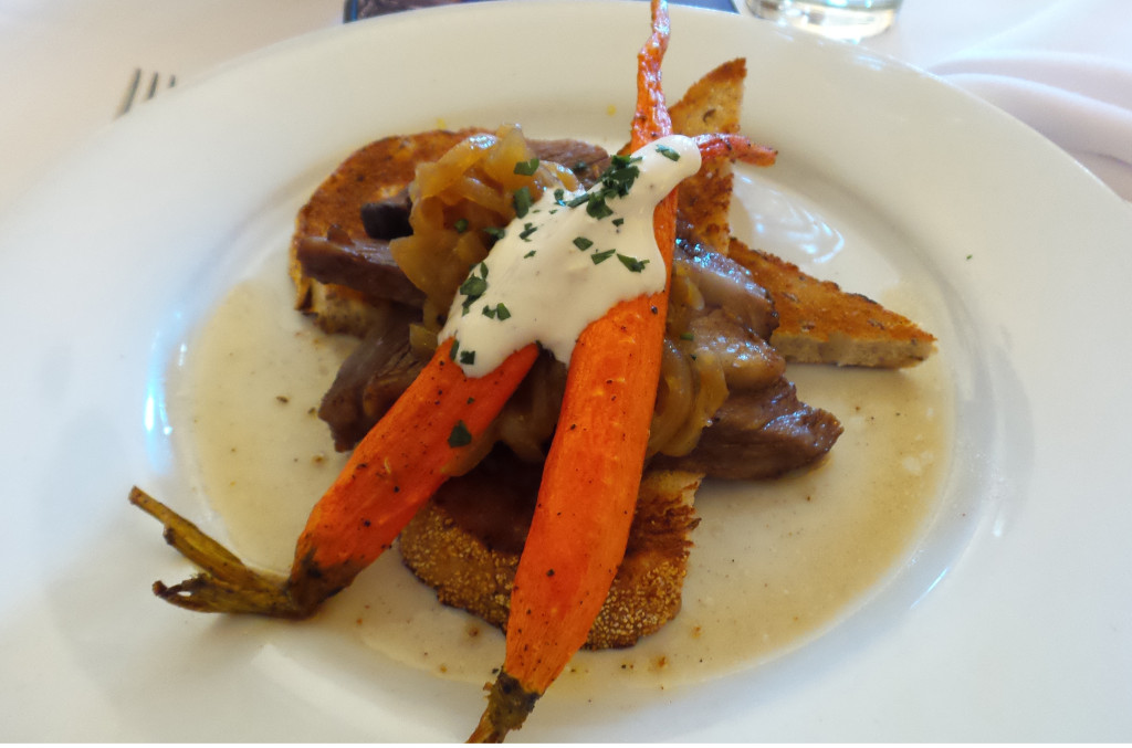 Open Face Pot Roast Sandwich, carrots, caramelized onions, creamy horseradish