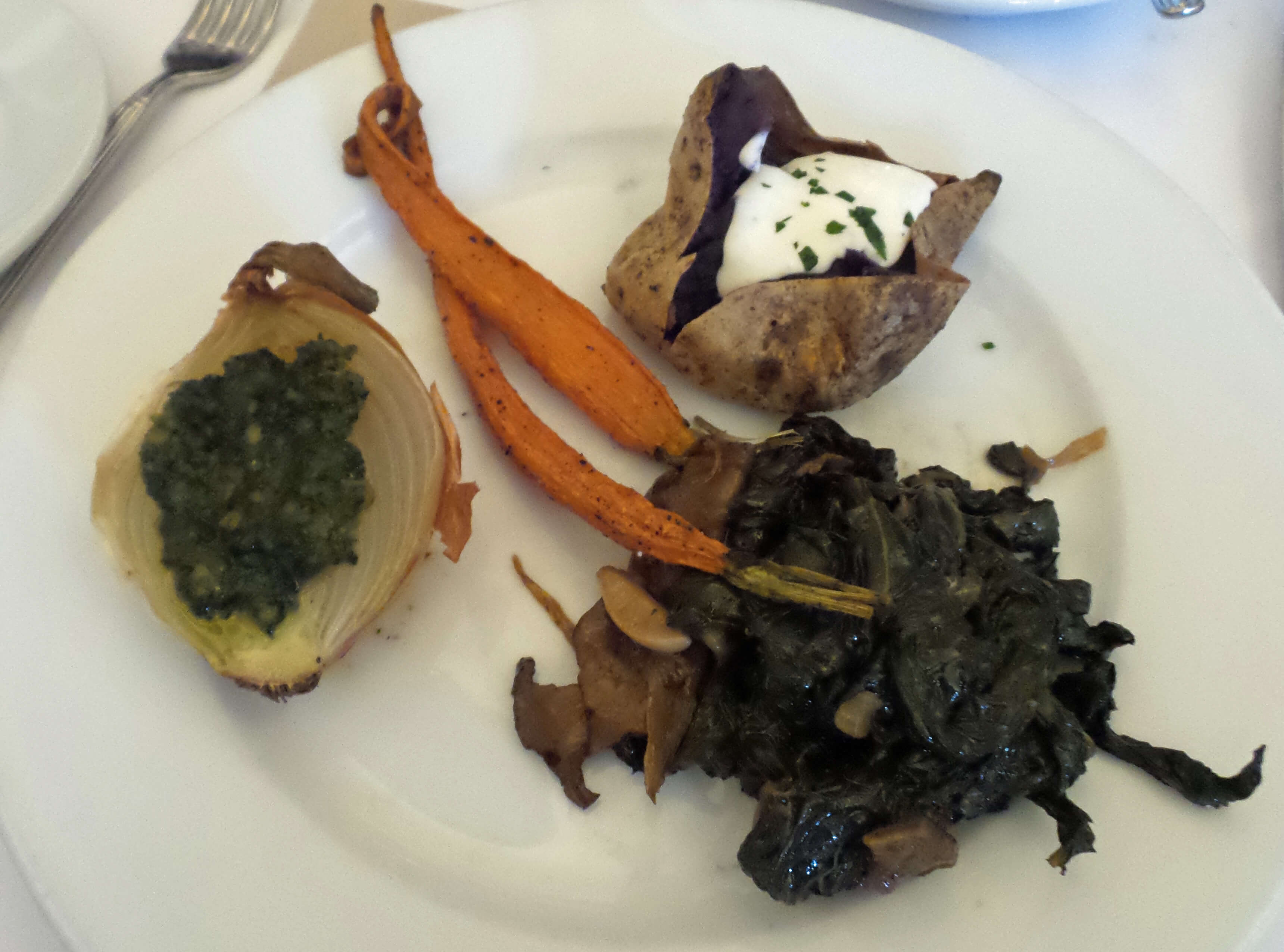 Vegetarian Entree option with spinach, sweet potato, carrots, onions.