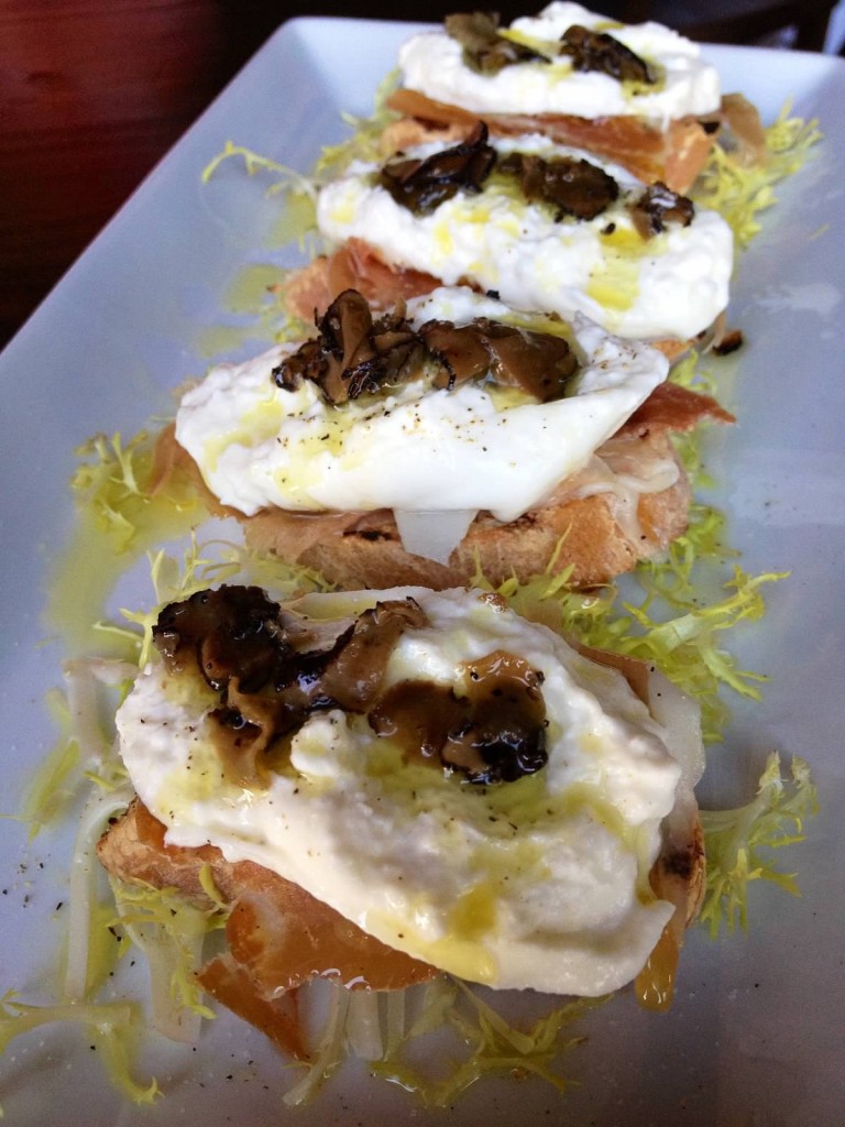 Crostini Di Burrata--Burrata Crostini with black truffles and Parma proscuitto