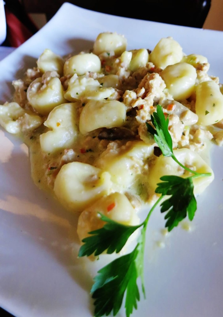 Gnocchi ai Porcini--Light6 cr4eam sauce, Porcini mushrooms and all natural free range jidori chicken.