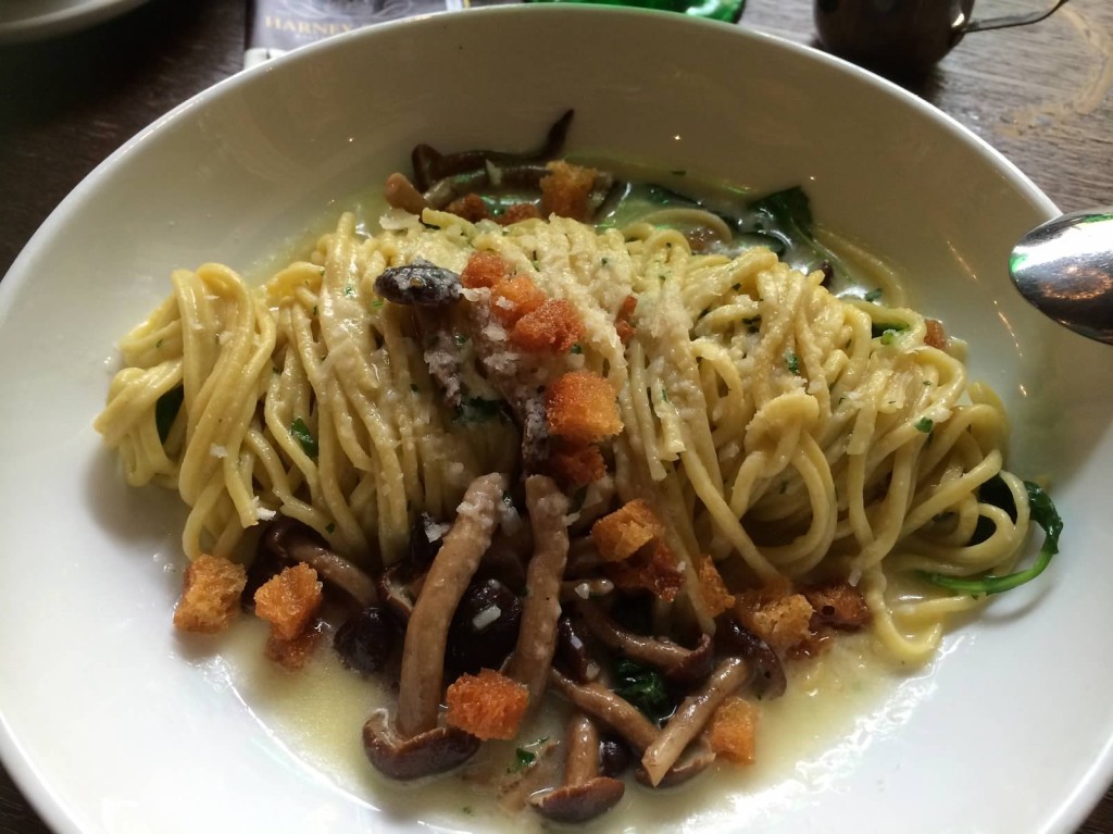 Handmade Egg Spaghetti--Roasted Mushrooms, Baby Kale, Parmigiano Broth