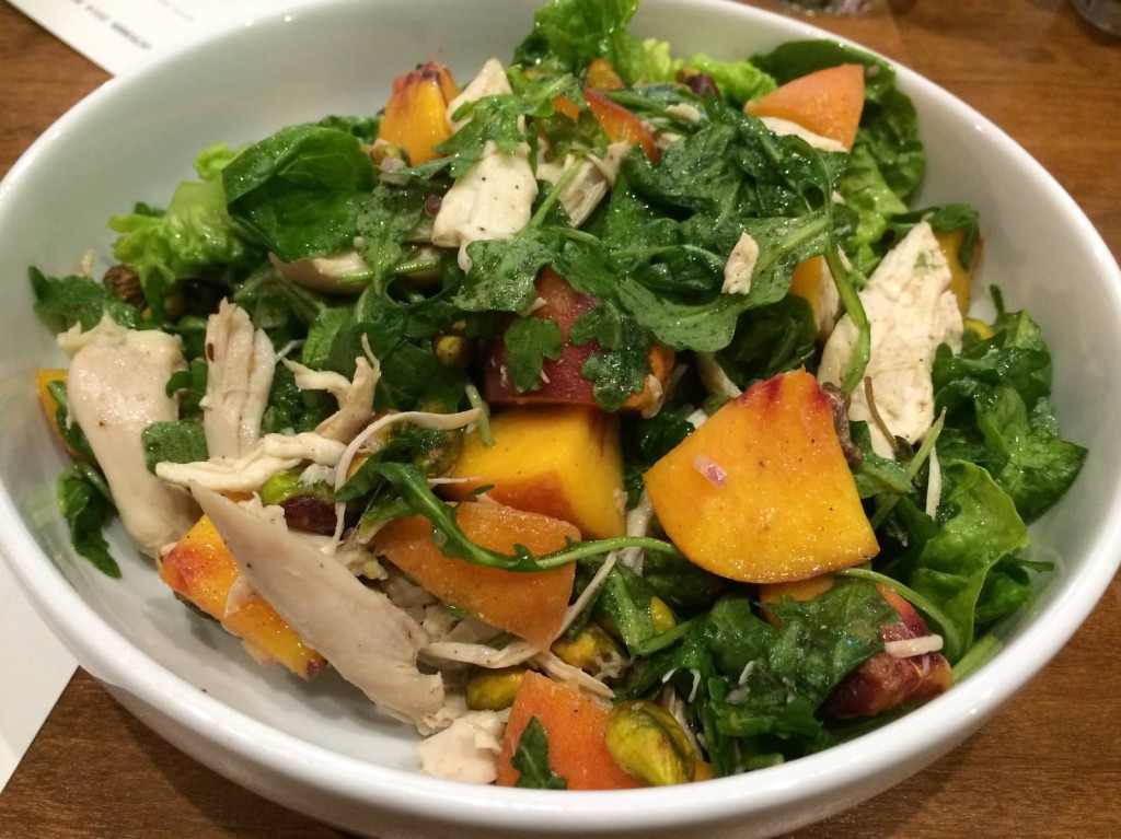 Little Gems Salad with Rotisserie Chicken--arugula, peaches, pistachio, lemon, olive oil