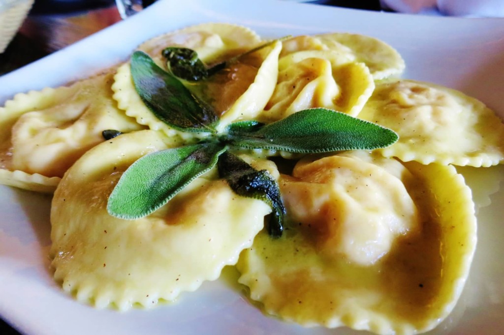 Ravioli di Zucca--pumpkin and ricotta cheese ravioli in butter and sage sauce. 