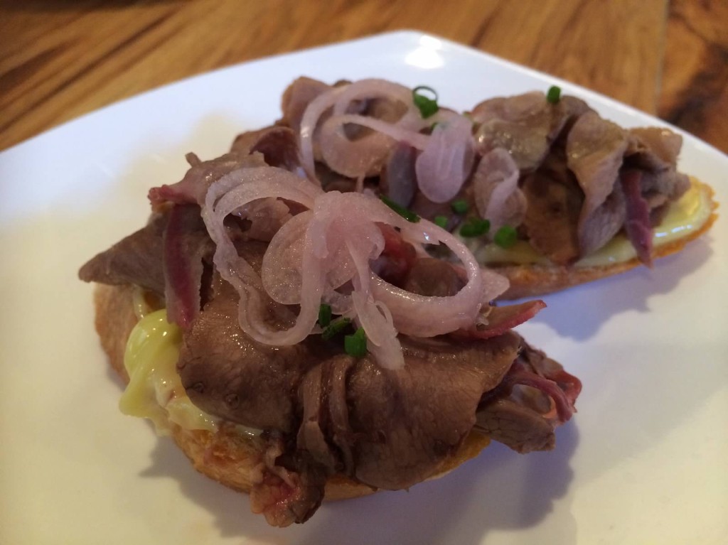 Braised beef tongue, pickled shallots, honey aioli