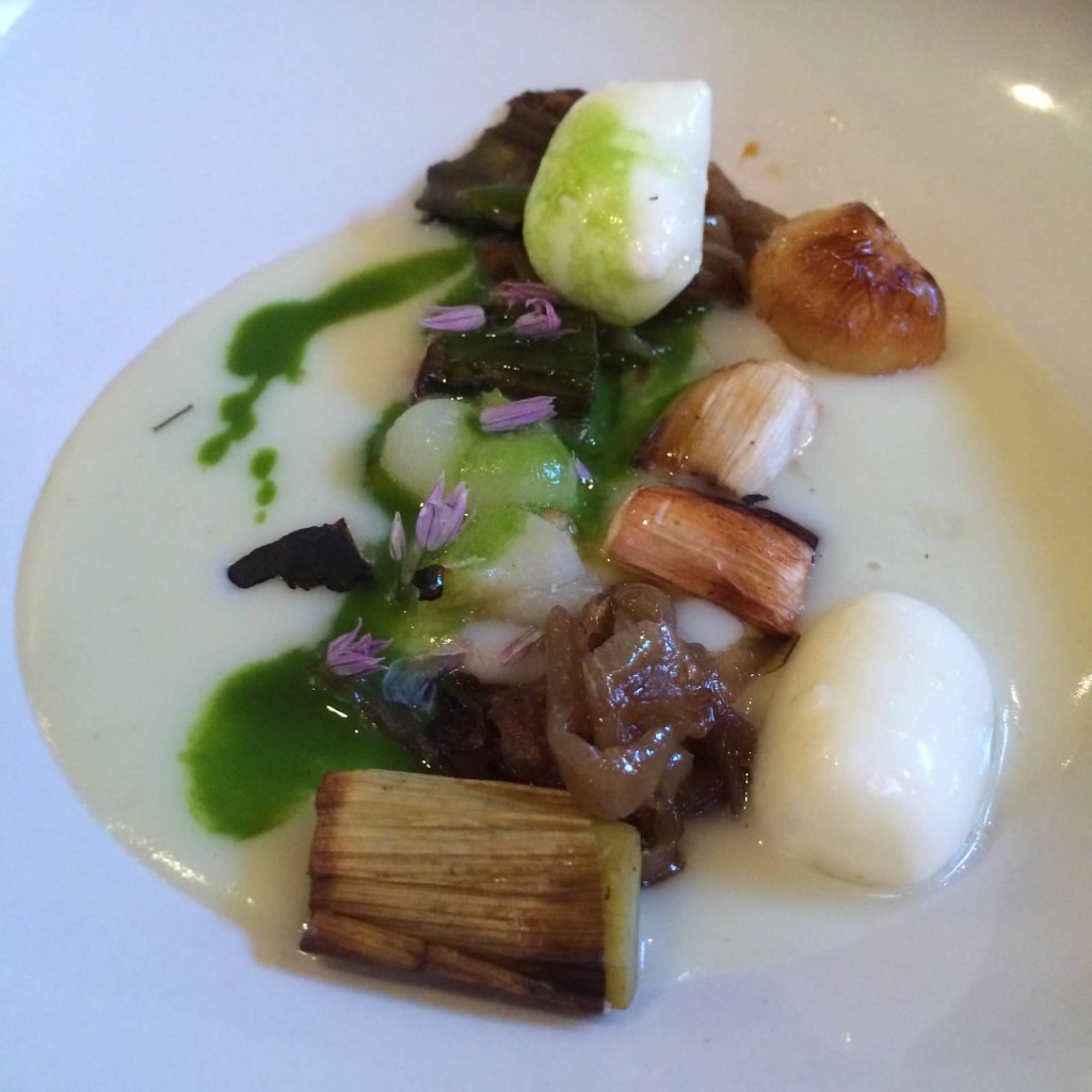 Charred spring onions, potato, idiazabal, smoked olive oil