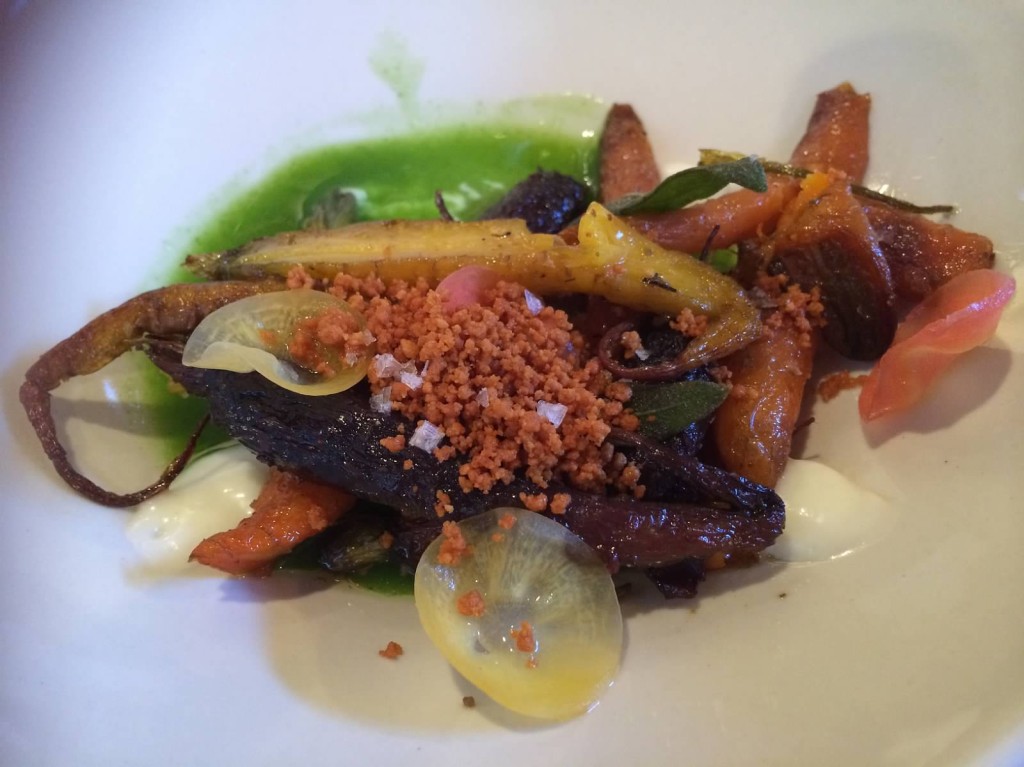 Roasted heirloom carrots, coconut gel, brown butter crumbs