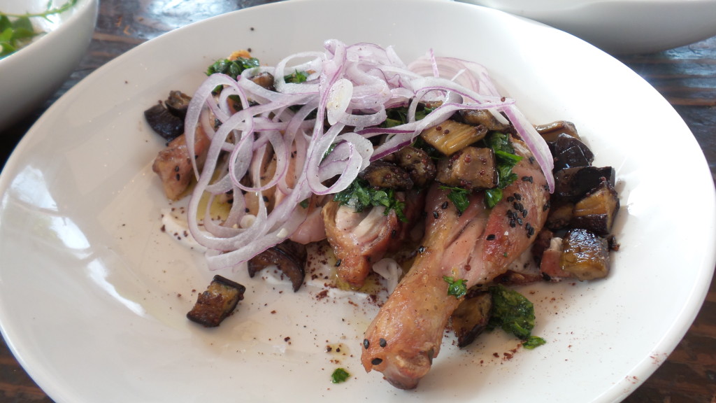 Jidori Chicken. Roasted eggplant, red onion, black sesame, toasted cumin yogurt, lemon