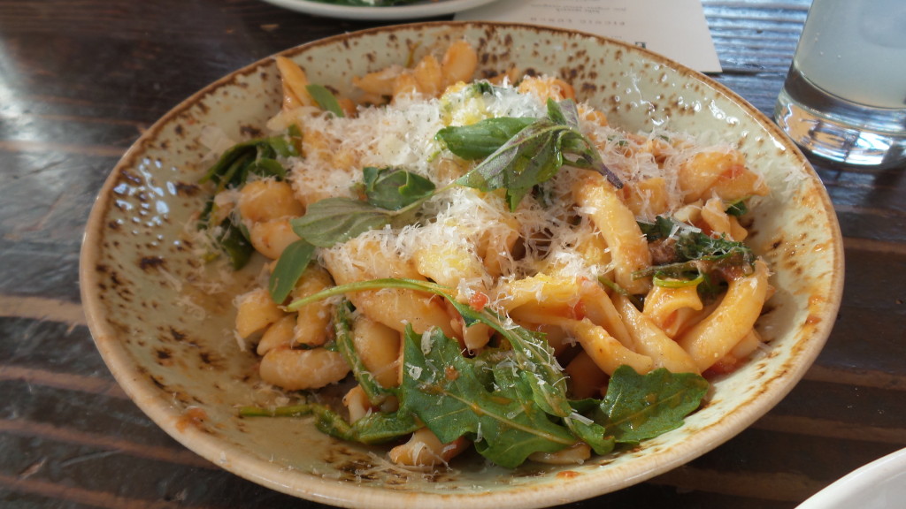 Treccioni Pasta, tomato, garlic, greens, grana padana, basil