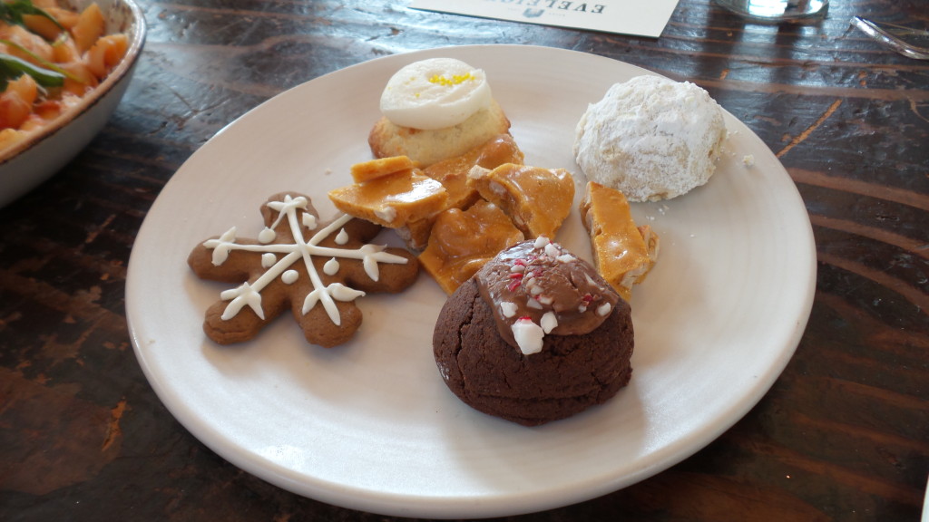 Holiday Cookie Plate--gingerbread snowflake, cashew brittle, lemon drop, walnut snowball, chocolate peppermint kiss.