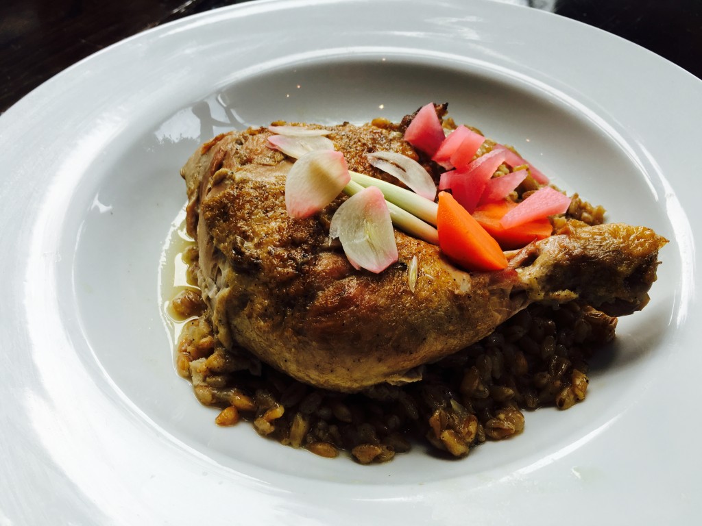 Braised Chicken: farro, pickled vegetables.