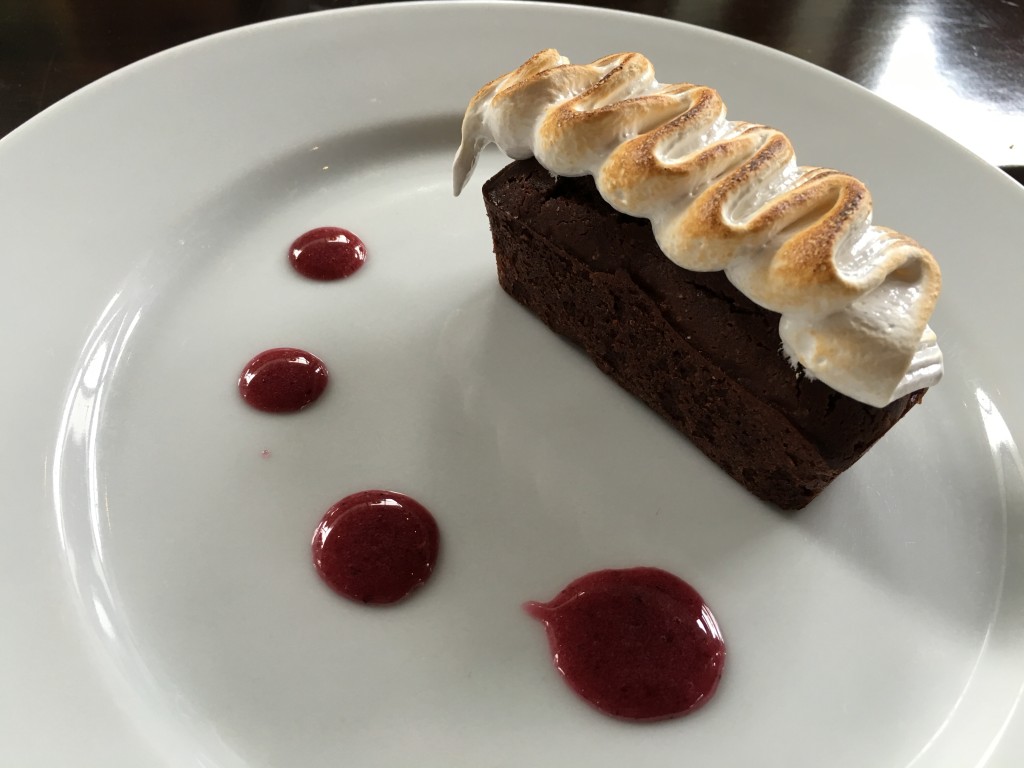 Brownie: marshmallow fluff, berry sauce.