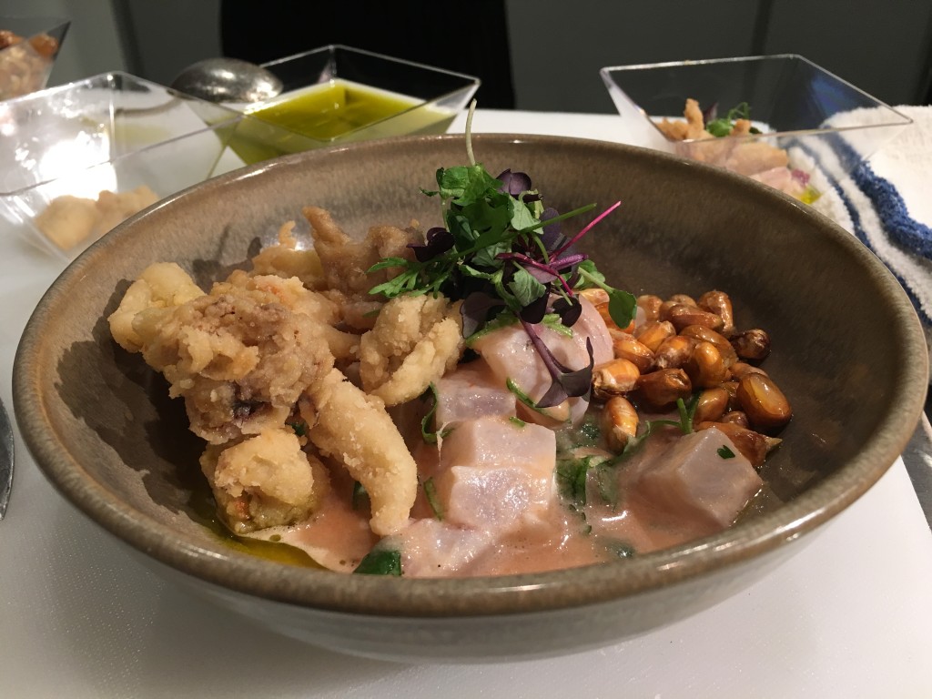 Ceviche with Leche de Tigre and Crispy Calamari. So delicious!!