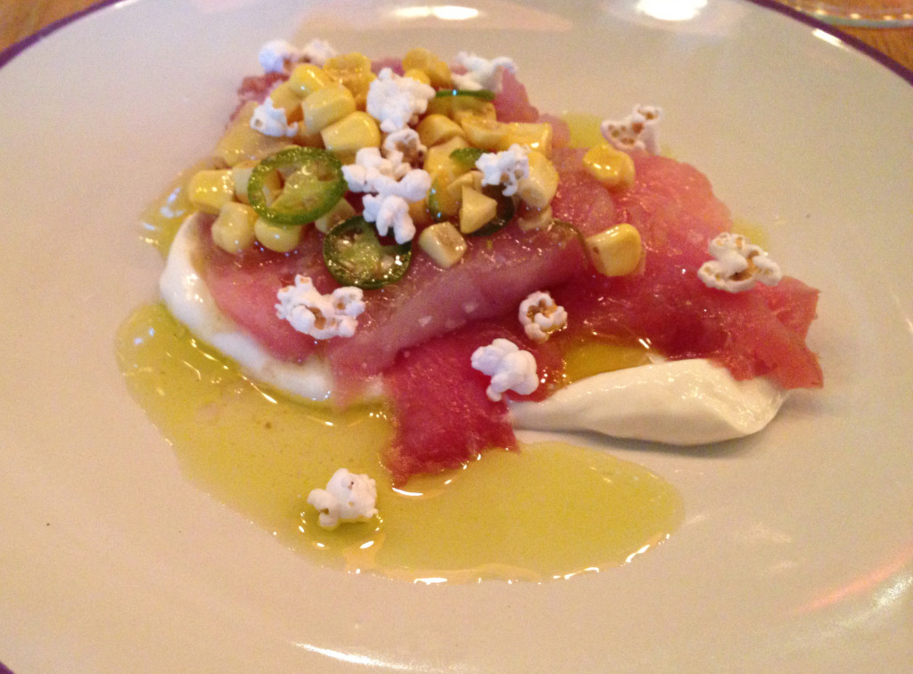 Albacore. Corn,crema, and popped sorghum. A dish by Jenn Louis (Lincoln Restaurant. Portland, OR) 