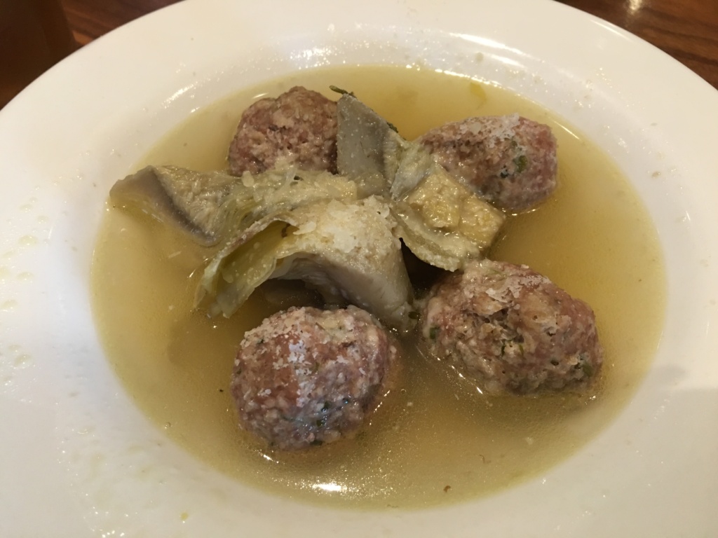 Chicken Meatballs. Light broth, artichokes.