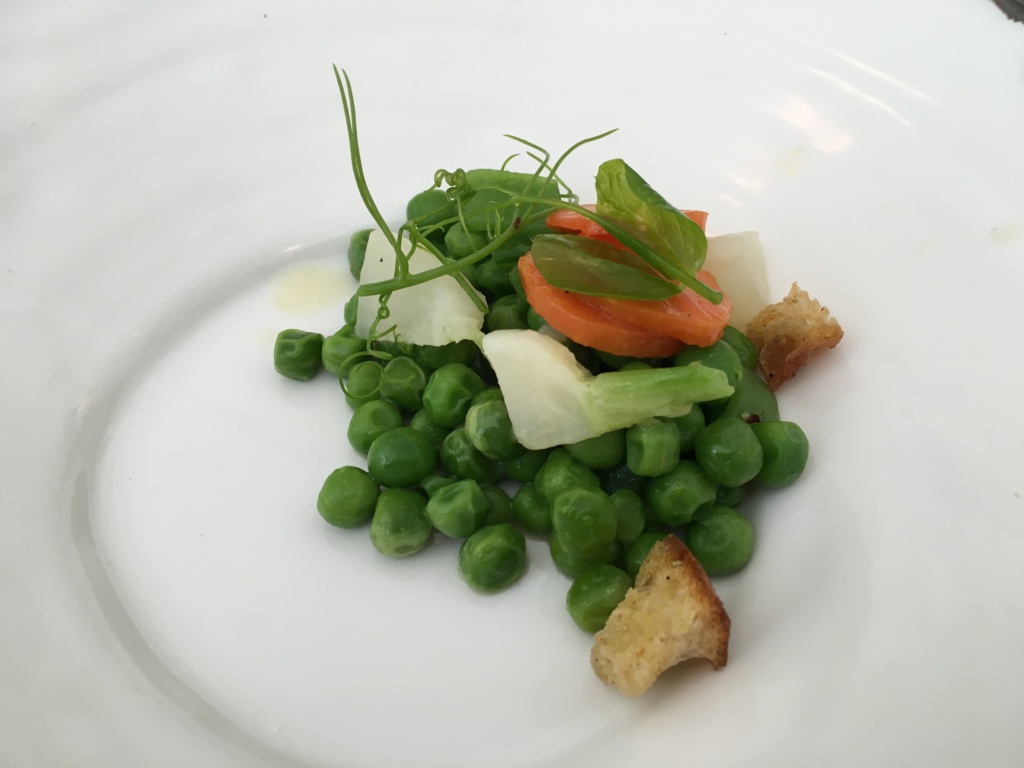 Soupe de Petits pois (before soup). English pea, carrot, mint, crostini.