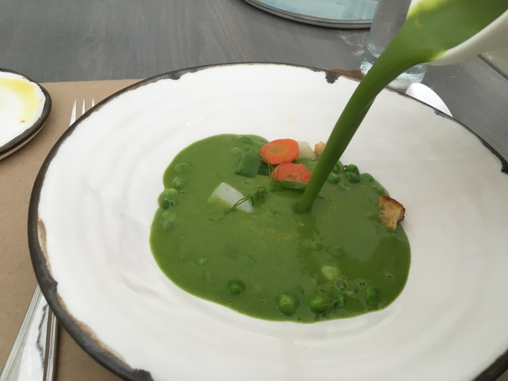 Soupe de Petits Pois ( with soup). English pea, carrot, mint, crostini.