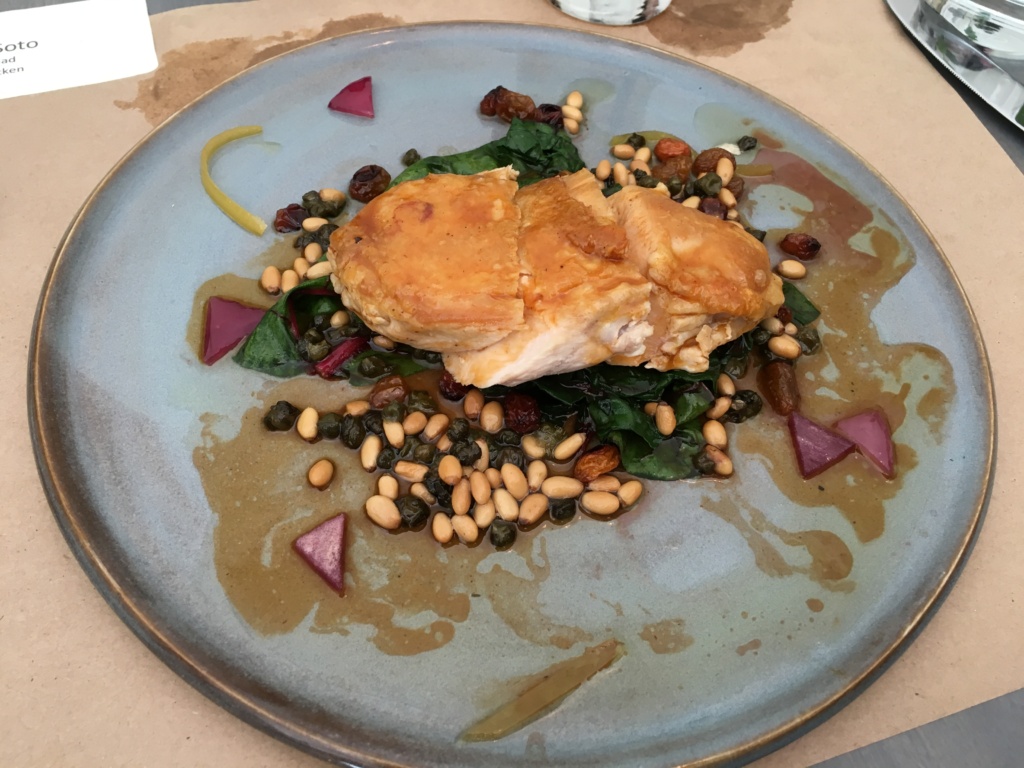 Volaille Rotie. Mary's chicken breast, swiss chard, potato, capers, raisin, lemon confit, pine nuts.