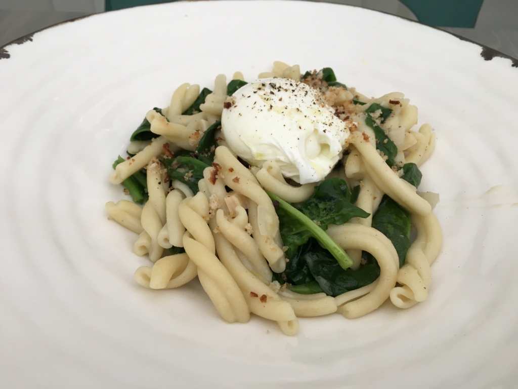 Pate Artisanal. Strozzepetti pasta, soft poached organic duck egg, spinach, shallot, lemon.