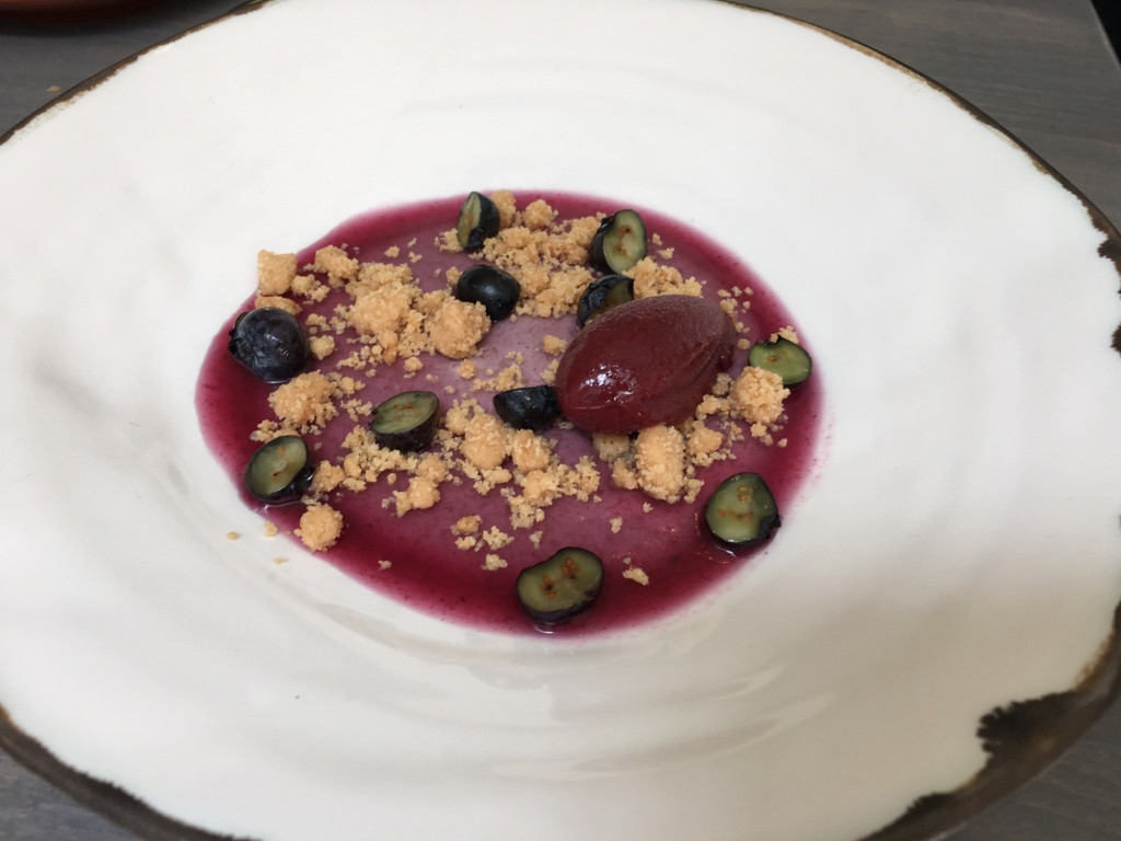 Myrtille. Fresh blueberry, mint panna cotta, blueberry sorbet, pate sucre. 