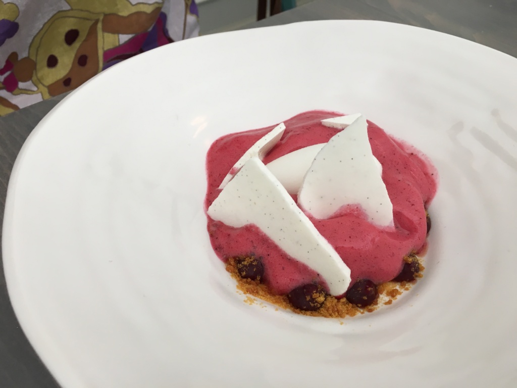 Cassis et Meringue. Black currant foam, buttermilk sorbet, brittle, micro basil.