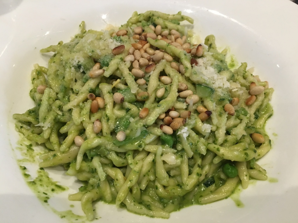 Pasta with Pesto Sauce. Basil pesto, vegetables, toasted pine nuts.