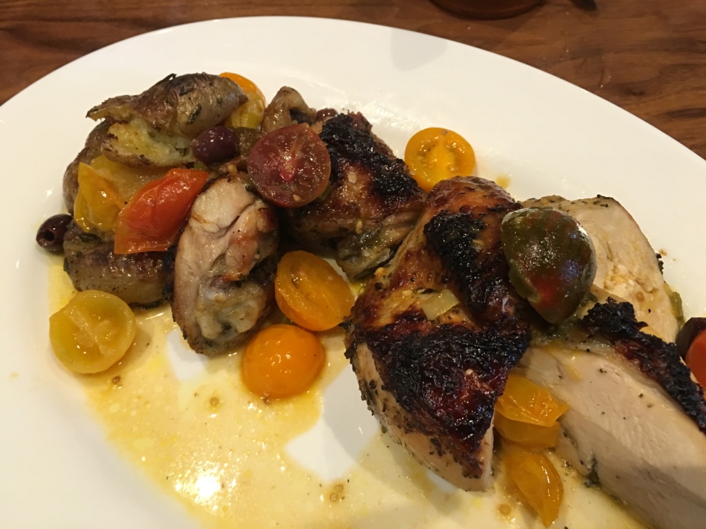 Roasted Jidori Chicken. Organic free range chicken, herbs, olives, cheerry tomatoes, roasted yukon golden potatoes.